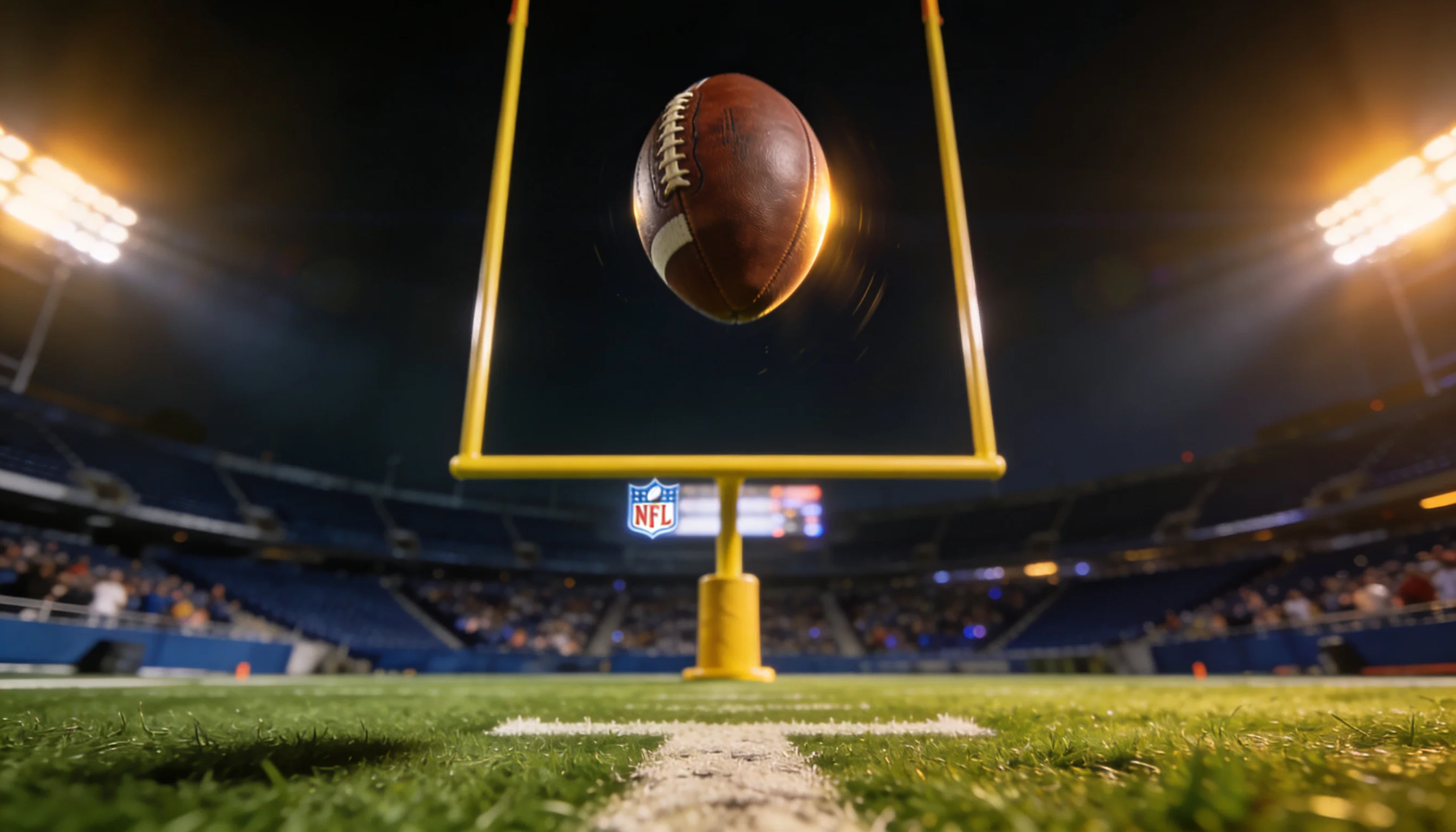 NFL Field Goal Kick zwischen den Goalposts im Stadion bei Flutlicht