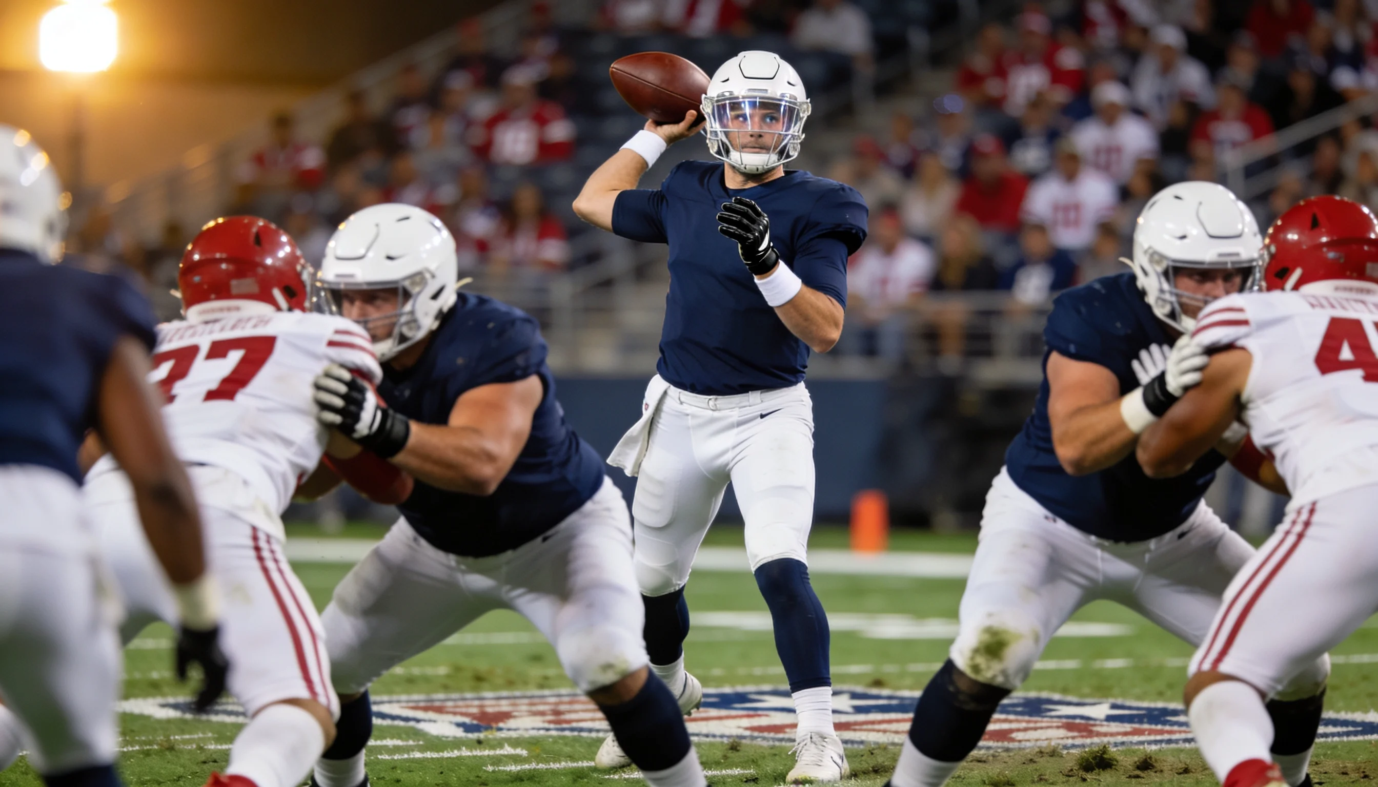 NFL-Quarterback nach dem Snap in der Pocket während eines Live-Spielzugs