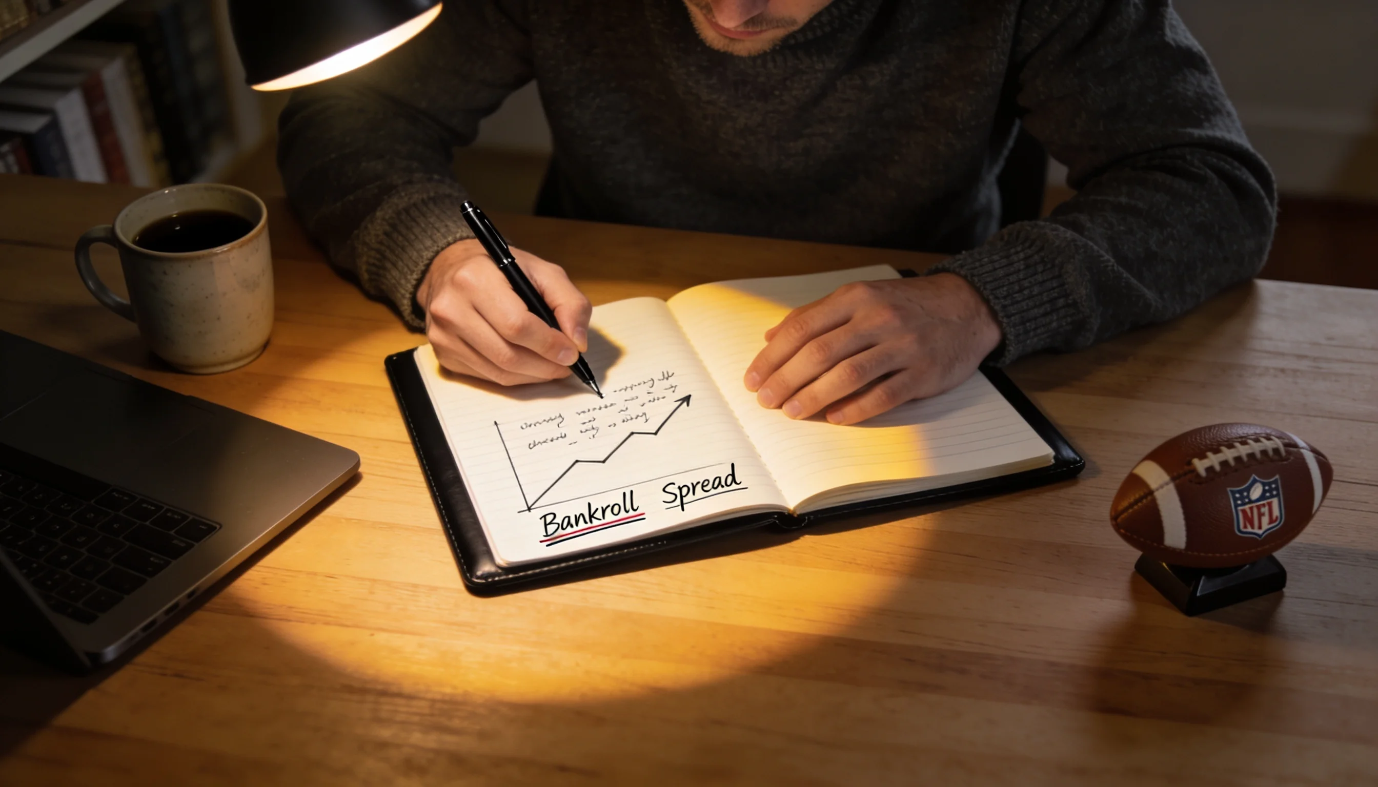 Analyst notiert Wettstrategie in einem schwarzen Notizbuch am Schreibtisch
