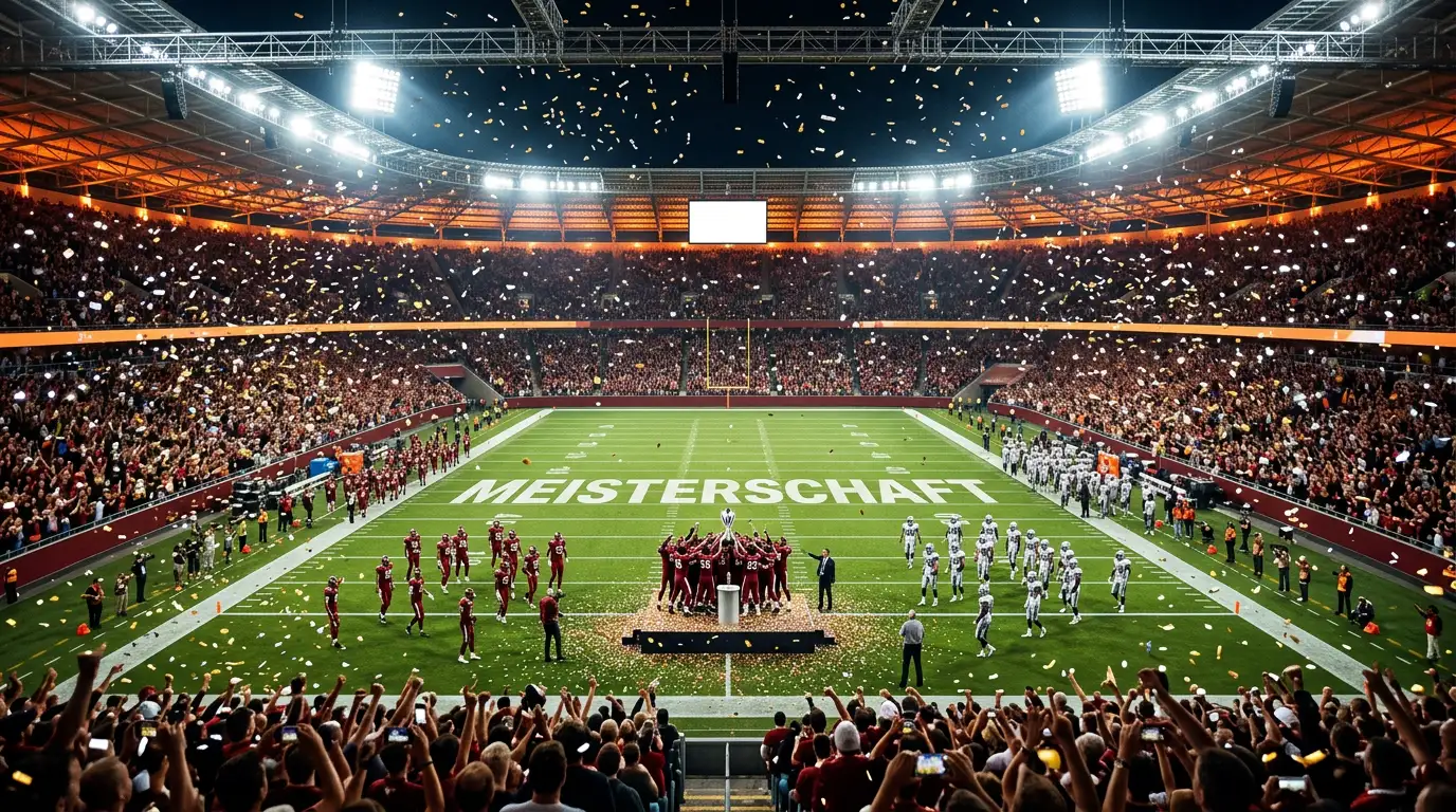 Super-Bowl-Stadion bei Flutlicht mit Konfettiregen nach dem Schlusspfiff